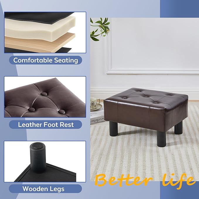 FIMIVIBI Small Foot Stool Ottoman, Faux Leather Footstool Ottoman Foot Rest for Couch, Rectangle Footstools and Ottomans Small for Living Room, Entryway and Bedroom (Brown)