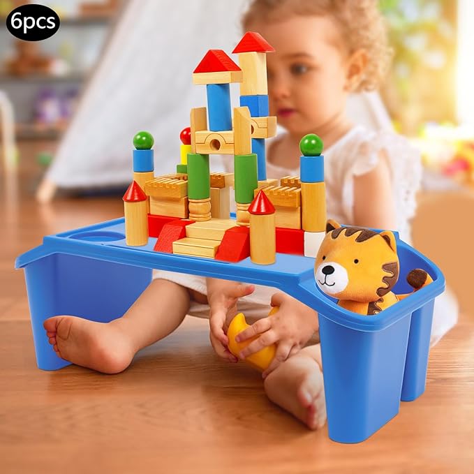 6 Pcs Kids Lap Desk Tray, Plastic Breakfast Lap Desk Trays with Storage Slots, Portable Stackable Lap Tray Tables for Writing Drawing Classroom, 19.69" L x 9.84" W x 7.1" H (Blue)