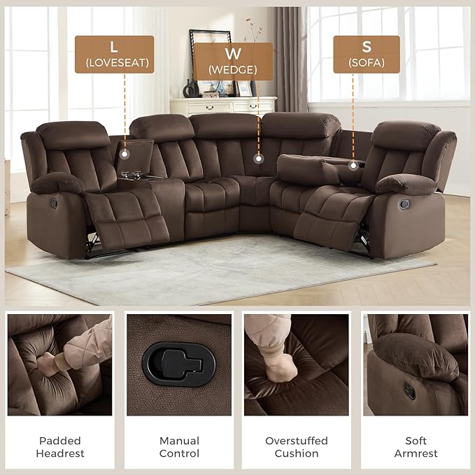 EBELLO Manual Reclining L-Shaped Sectional Sofa Set, Soft Fabric Corner Couch with Center Console, Cup Holders and Storage – Perfect Living Room Home Set Furniture(Sectional+Chair)