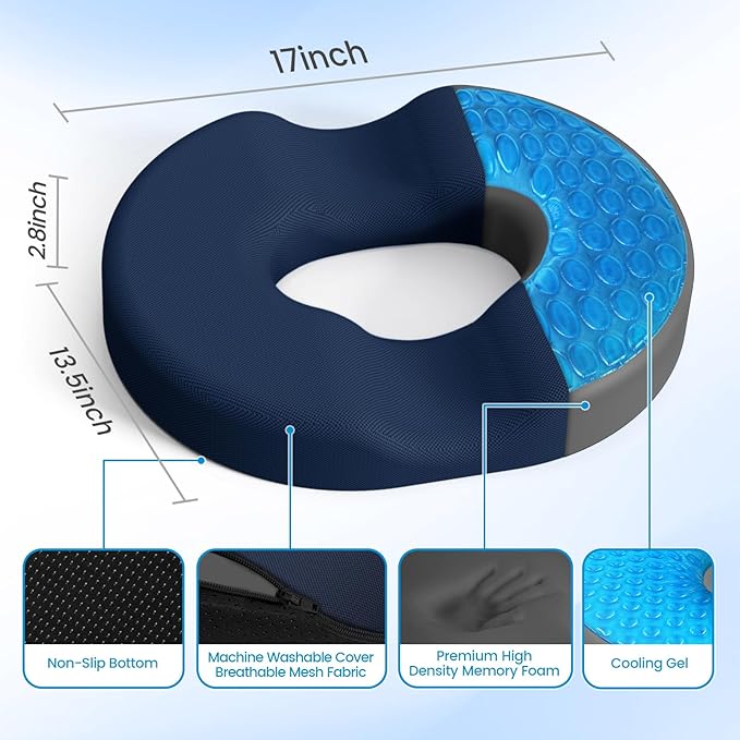 CushZone Donut Pillow Seat Cushion - Cooling Gel Floor Pillow, Memory Foam Floor Cushion for Office & Home, Car Seat, Hemorrhoids Pillow, Sciatica & Tailbone Pain Relief Chair Cushion, Blue