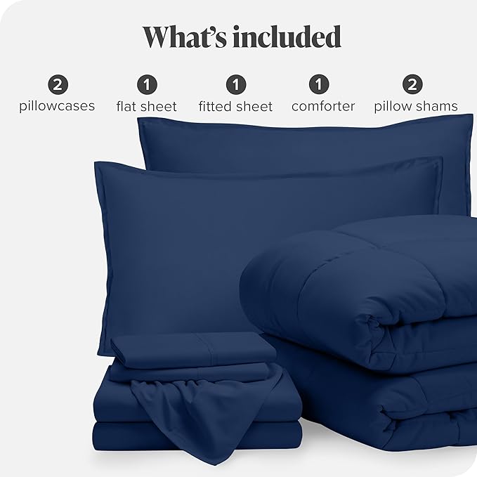 Bare Home Bed-in-A-Bag 7 Piece Comforter & Sheet Set - King - Goose Down Alternative - Ultra-Soft 1800 Premium - Bed Set (King, Dark Blue/Dark Blue)