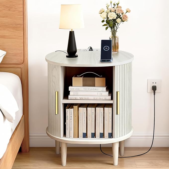 DHH Mid Century Modern Nightstand with Charging Station, Fluted Accent Side Table with Sliding Door & Adjustable Shelf, End Table for Small Space, Living Room, Bedroom,Sofa Couch(1, White)