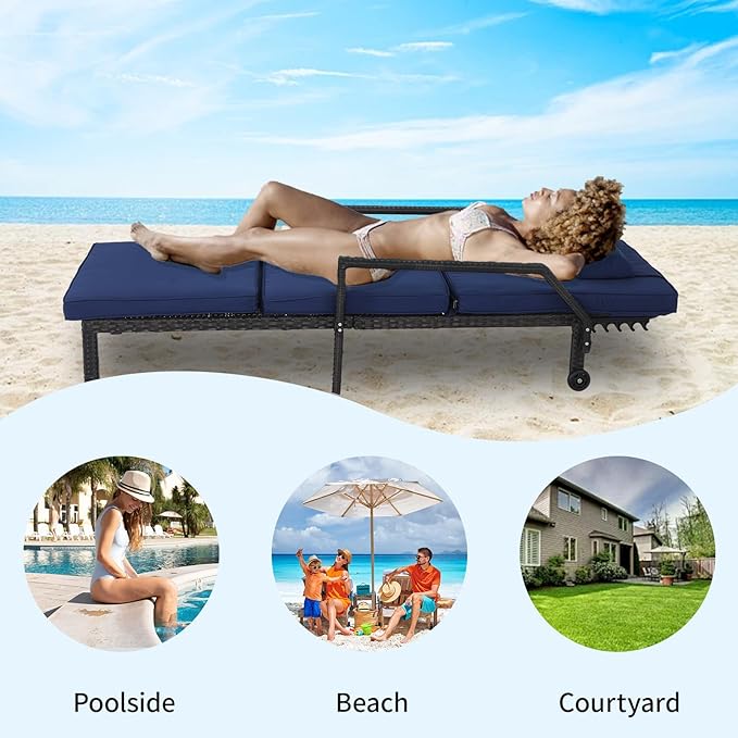 Patio Chaise Lounge Set – Adjustable Outdoor Lounge Chairs with Cushions & Headrest – All-Weather Rattan Reclining Lounge Chairs for Poolside, Garden, and Patio (2 Pcs, Blue)