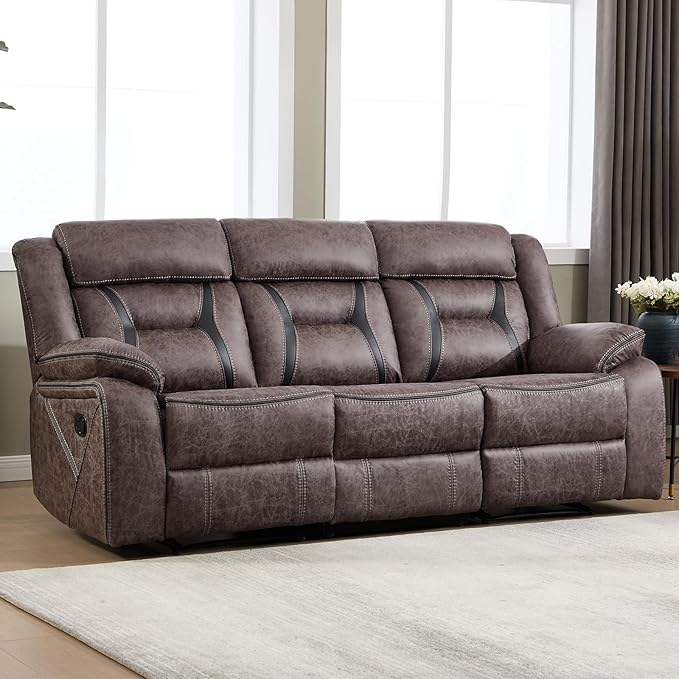 EBELLO Faux Leather Manual Reclining Sofa, 3 Seat Recliner Sofa Chair, Couch Furniture for Living Room, Furniture, Meeting Room, Grey (3 Seat Sofa)