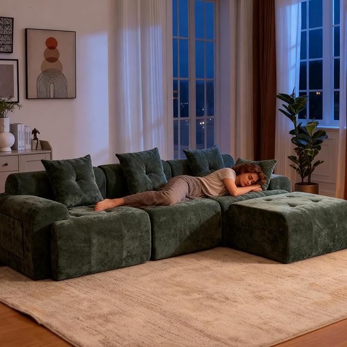 YAAREE 101.65” Modular Sectional Couch for Living Room, Modren L-Shape Cloud Sectional 3-Seater Sofa with Movable Ottoman, Woven Texture Upholstery Boneless Couch, No Assembly, Green