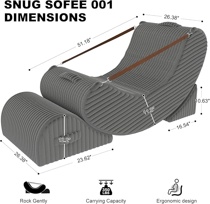 Gaint Bean Bag Chairs for Adults, Beanbag Lounge Filled with Memory Foam, Adjustable Angle, Corduroy Fabric, with Detachable Footrest for Bedroom, Living Room and Nursery(Grey)