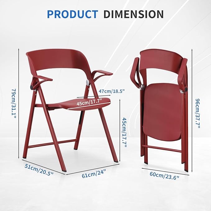 KAIHAOWIN 2 Pack Plastic Folding Chair with Armrest, Heavy Duty Foldable Chairs with Steel Frame Commercial Stackable Guest Chairs for Indoor and Outdoor-Red