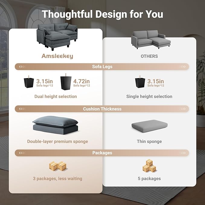 Amsleekey Modular Sectional Sofa, 76.5" L-Shaped Corduroy Comfy Sectional Couches for Living Room, 2-Seater Cloud Couches with 1 Movable Ottoman, Flexible Combination Modern Deep Seat Sofa (Grey)