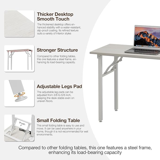 TEMI Long Computer Desk Folding Table - 55.1" Foldable Office Desk, No Assembly, Perfect Writing Table for Bedroom or Apartment, Portable Large Desk or Study Table with Compact Design, White Ash