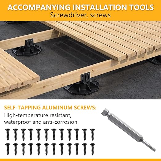 12 Pack Adjustable Deck Support Pedestal, Deck Foundation Base Support for Floating Deck Platform, Deck Floor Height Adjustment from 1-3/16" to 2-3/8", Matching Screws,Screwdriver & Joist Tape