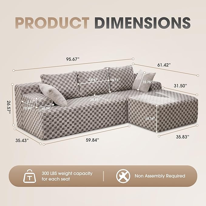 Modular Sectional Sofa Couches L-Shape Couch 3 Seat Modular Sofa Memory Foam Sectional Couches for Living Room, Cloud Couch with Oversized Chaise (Grey Check, 96" Right Facing Chaise)