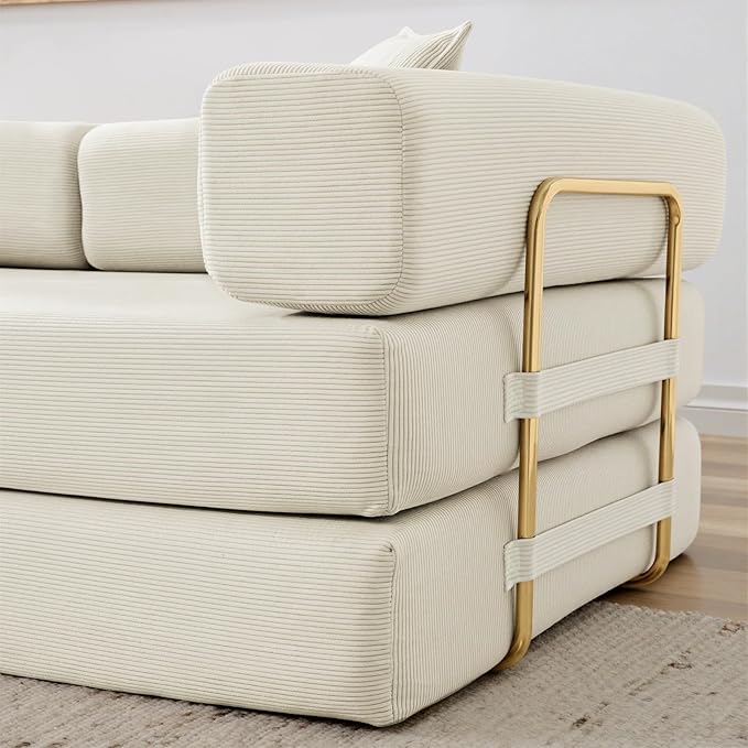 Antetek Convertible Futon Sofa Bed, 3 Seater Modern Corduroy Foam Floor King Size Bed Fold Out Sleeper Lounge Loveseat Sofa Couch with 2 Throw Pillows for Living Room Bedroom Guest Room, Beige
