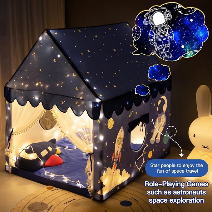 Kids Play Tent Playhouse Indoor Tent for Kids Boys Toddler, Large Castle Play House Bed Tents Spaceship Outer Space Rocket Blue, Kid Toys for Boy Girl Birthday House Gift