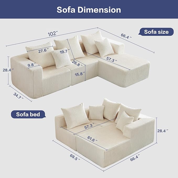 102" Sectional Couches for Living Room,Boneless Cloud Couch,L-Shaped Sofa with Oversized Deep Seat,Comfy Couch for Apartment,Compressed Sofa in a Box,No Assembly Required(Corduroy,Beige)
