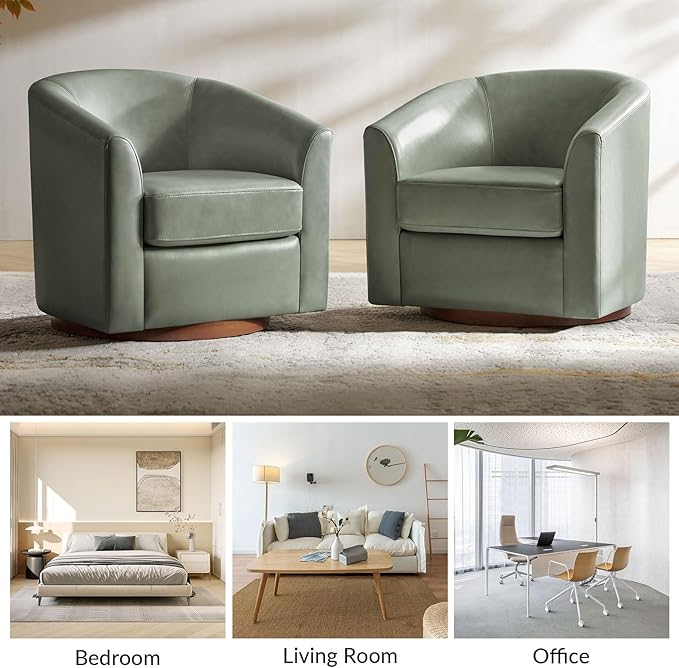 HULALA HOME Genuine Leather Swivel Accent Chair with Solid Wood Base, Round Swivel Barrel Chair for Living Room and Bedroom, Sage
