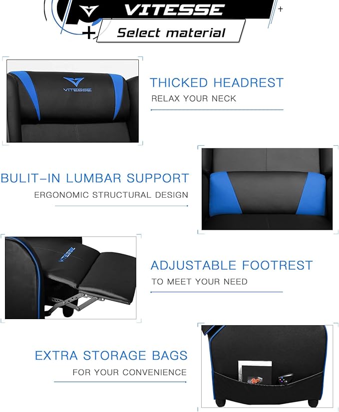 VITESSE VIT Gaming Recliner Chair Racing Style Single PU Leather Sofa Modern Living Room Recliners Ergonomic Comfortable Home Theater Seating, Blue.