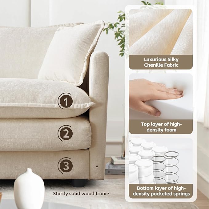 SoarFlash Chenille Sectional Sofa, Comfy L Shaped Modular Coush Sofa with Ottoman, Modern 3 Seat Couch Deep Seat Sofa Set for Living Room,Light Coffee