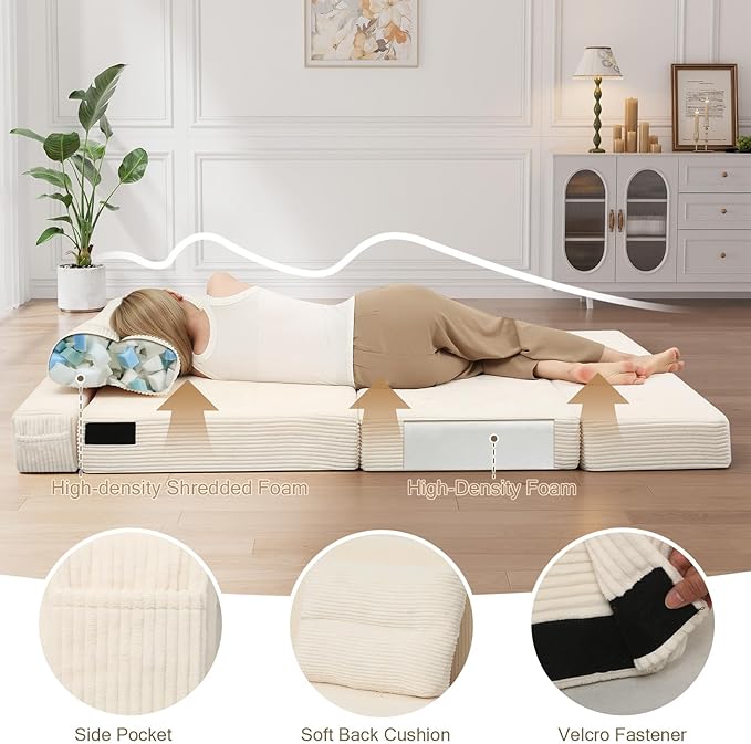 COMAX Folding Sofa Bed, Foldable Couch for Bedroom, Convertible Floor Sleeper Futon Chair Foam, Corduroy 3 in 1 Fold Out Chair Portable Comfy Lounge Couch Sofa Bed for Small Space, Full, Beige