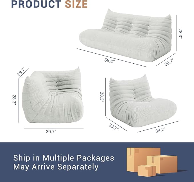 Fireside Chair Corner Bean Bag Chair for Adults, Modern Corduroy Fabric Caterpillar Sofa Couch, Lazy Floor Sofa Armless Foam Couch Lounger Tatami Recliner for Living Room Bedroom Dorm Office