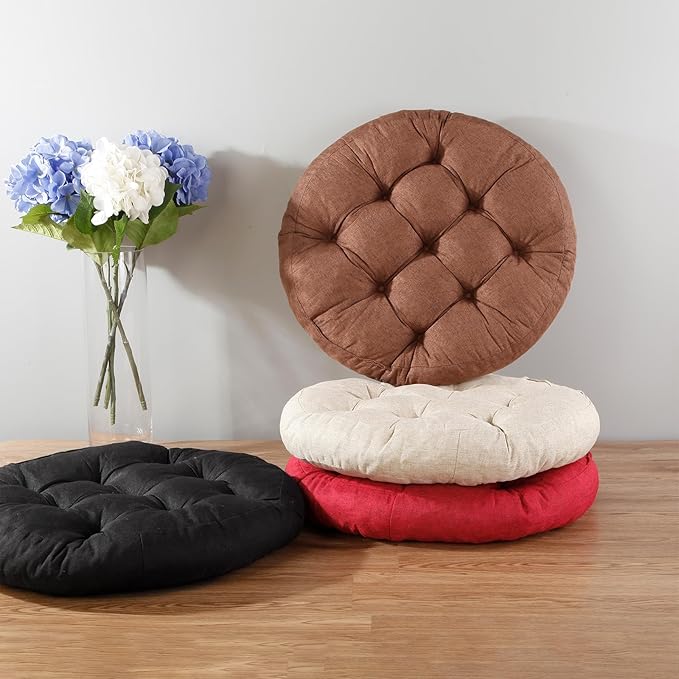 Meditation Floor Pillow, 2 Pack Round Floor Cushions for Adults, Button Tufted Seat Cushions for Yoga Tatami Living Room, Wine Red, 22 x 22 x 4 in