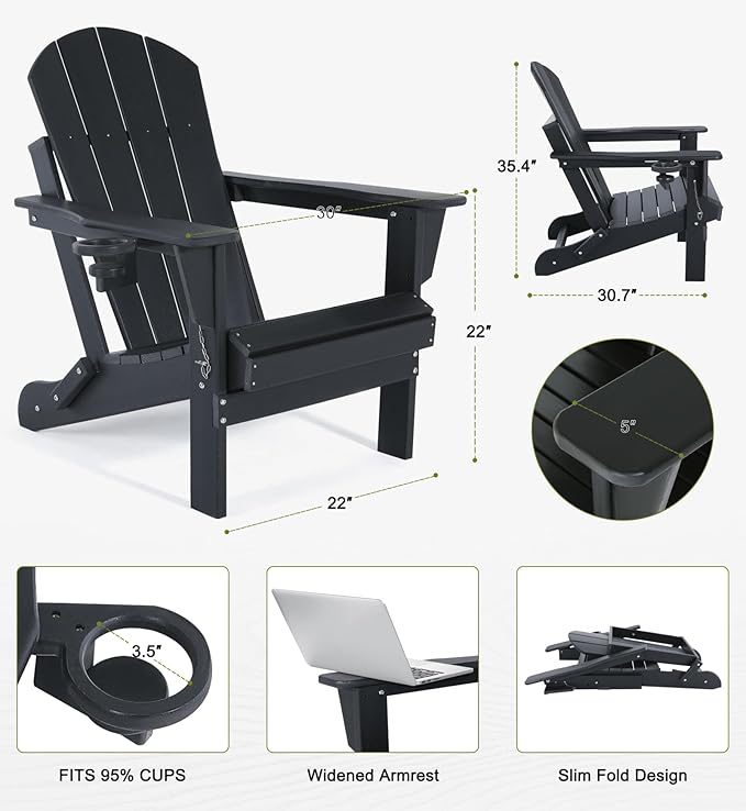 Folding Adirondack Chairs Set of 2- Plastic Adirondack Chairs with Cup Holder, Weather Resistant for Outdoor, Patio, Lawn, Garden, Backyard Deck, Fire Pit - Black