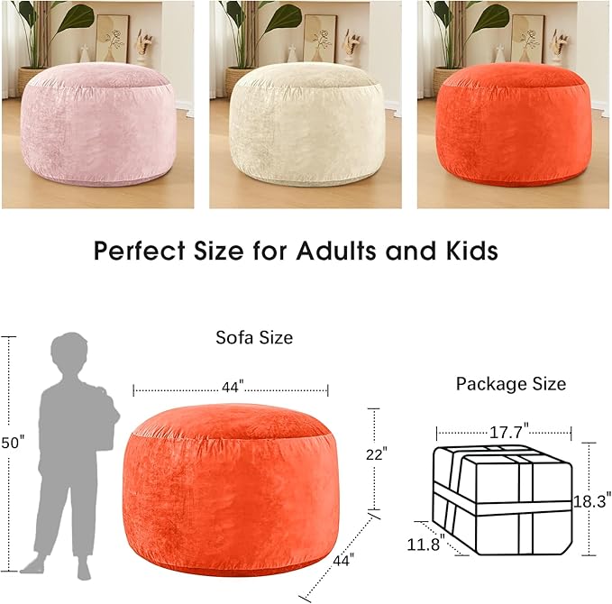 Bean Bag Chairs for Adults - Memory Foam Furniture BeanBag Chair - Kids/Teens Sofa with Soft Micro Fiber Cover - Round Fluffy Couch for Living Room Bedroom College Dorm - 4 ft, Orange