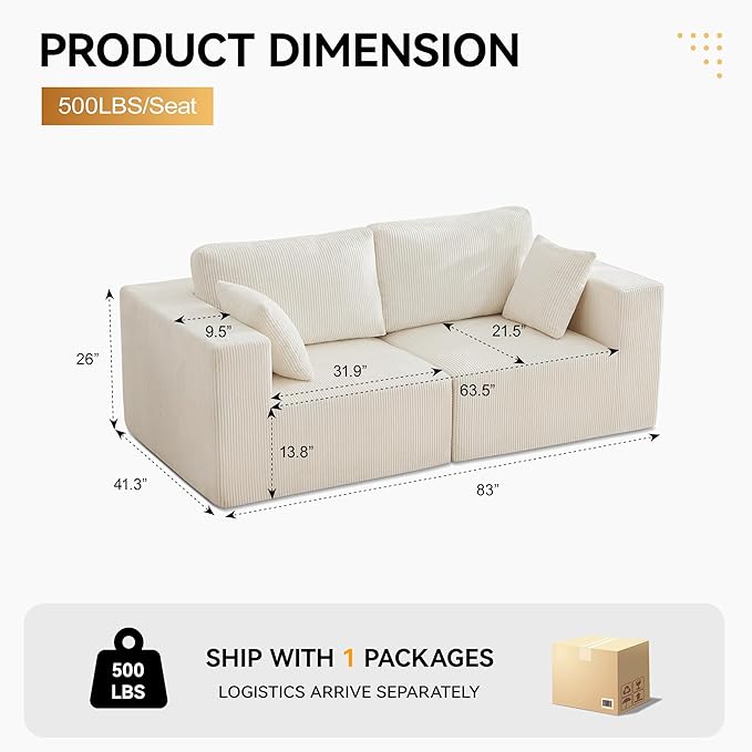 83'' Boneless Loveseat Sofa, Comfy Deep Seat Sectional Cloud Couch, No Assembly Corduroy Love Seat for Living Room, Beige
