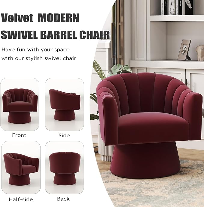 Swivel Accent Chair,Upholstered Velvet 360° Swivel Barrel Chair for Living Room Overstuffed Bouncle Reading Chair Round Armchair for Bedroom,Vanity,Office(Red)