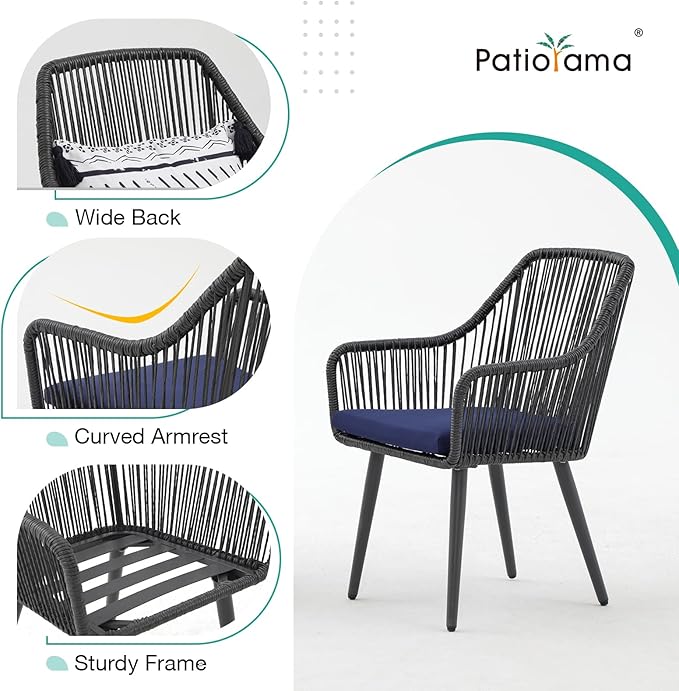 Patiorama Outdoor Dining Chairs, Patio Dining Chair Set of 2, All-Weather Woven Rope Rattan Chairs, Outdoor Dining Wicker Chair with Armrests for Indoor Balcony Pool Backyard(Blue)
