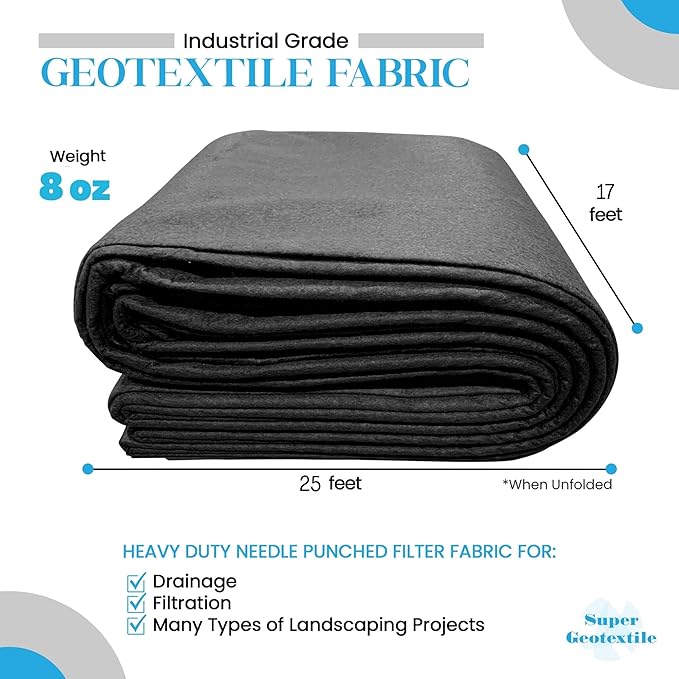 Super Geotextile 4, 6, 8 oz Non Woven Fabric for Landscaping, French Drains, Underlayment, Erosion Control, Construction Projects - 8 oz (17x25) Ships Folded