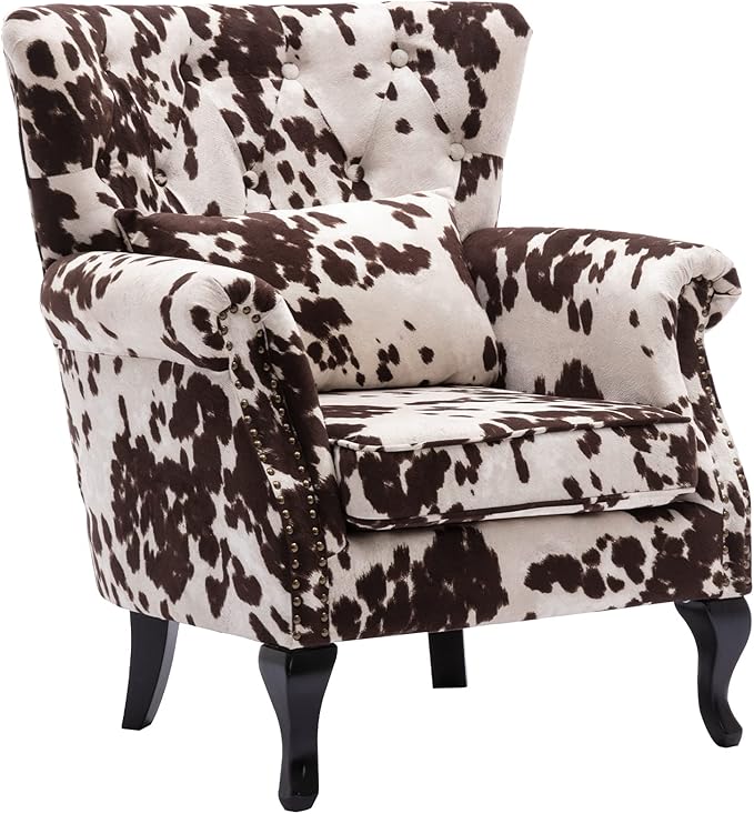 DM Furniture Mid Century Accent Chair Modern Button Tufted Armchair Wingback Club Chair Velvet Single Sofa Lounge Chair with Pillow for Living Room Bedroom, Cowhide Print