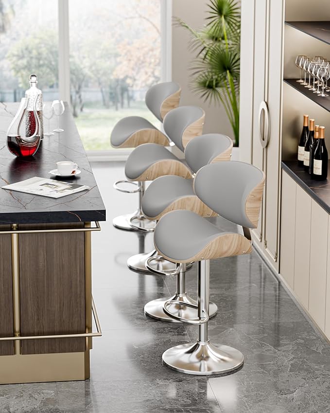 Aowos Bar Stools Set of 2, Adjustable Swivel Leather Bar Stools for Kitchen Island, Mid Century Modern Counter Height Bar Chairs Barstools with Back & Footrest (Grey)