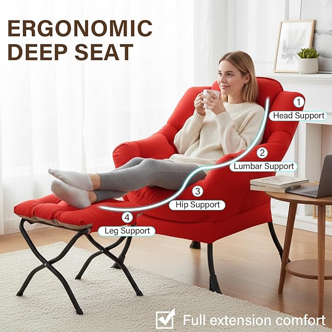 Welnow Lazy Chair with Ottoman, Modern Lounge Accent Chair with Armrests and a Side Pocket, Leisure Sofa Armchair Set, Reading Armchair with Footrest for Small Space, Red