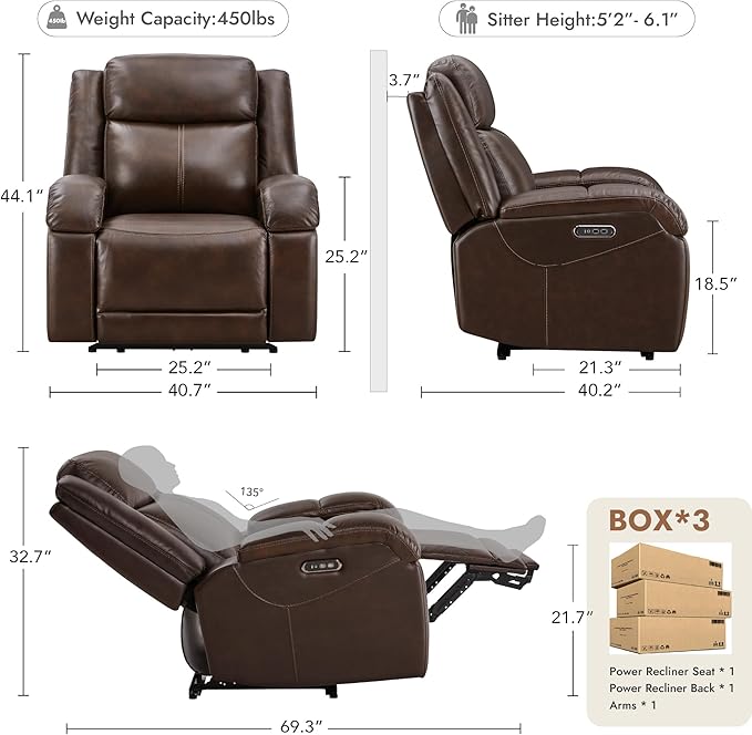 Watson & Whitely Oversized Genuine Leather Power Recliner Chairs for Big and Tall, Wall Hugger Recliner with Power Headrest & Charging Ports, Extra Large Reclining Chair for Living Room, Dark Brown