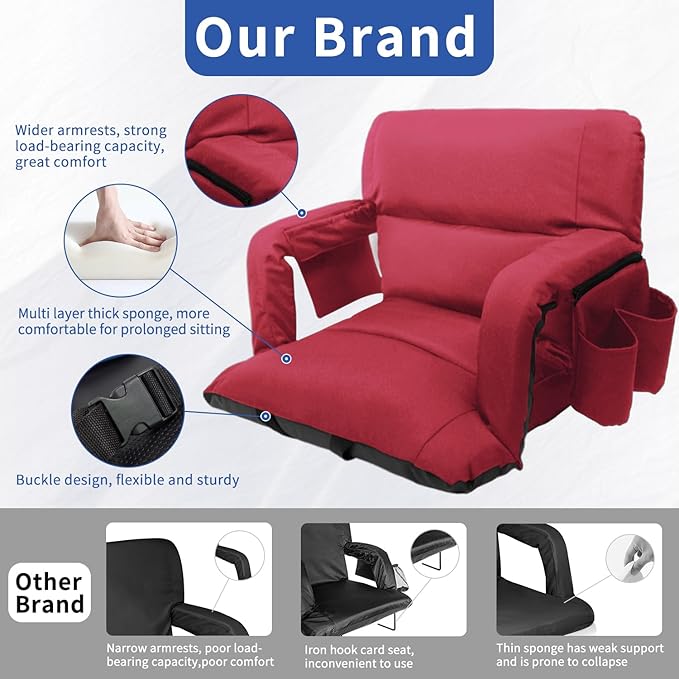 Stadium Seats with Back Support,Wide Stadium Chairs with Back and Cushion, Sofa Style Stadium Seats, 6 Reclining Positions, Extra Thick Bleacher Seat for Sports Events (Red-2 Pack,Wide|25")