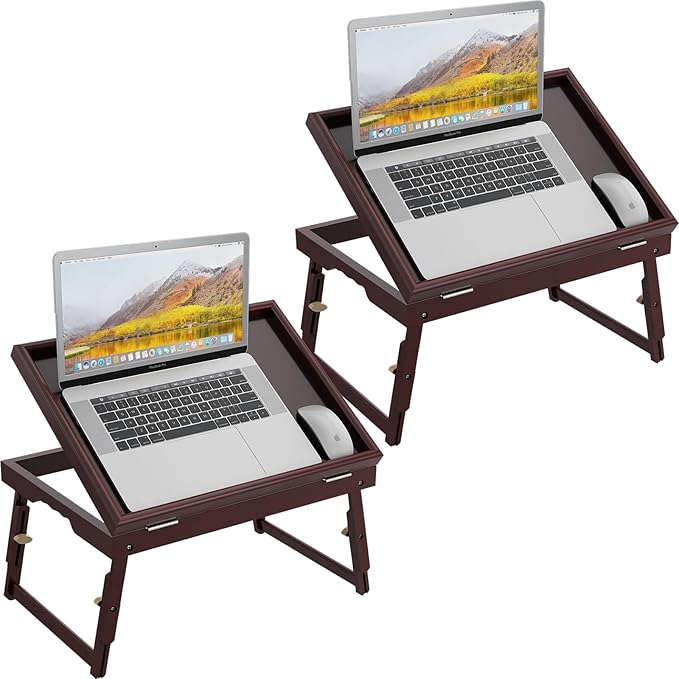 2 Pack Bamboo Adjustable & Foldable Bed Tray Table with Ergonomic Handle, 17x12in Breakfast Tray for Eating, Laptop Desk, Sofa Snacking, Non-Slip Surface (Mahogany)