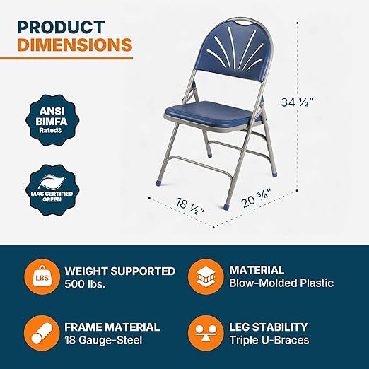 OEF Furnishings OEF1100 Series Premium Heavy-Duty Plastic Folding Chairs, Commercial Fanback Event Chairs with Triple Brace and 500 lb Capacity (4-Pack, Blue Plastic with Gray Frame)