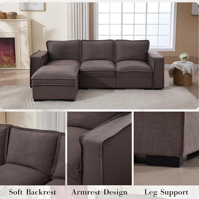 HEAY-YO 93 Inches Modern Modular Sectional Sofa,L Shape 3-Seater Comfy Couch with Moveable Ottoman,Floor Sofa for Living Room Bedroom Apartment,Linen Grey