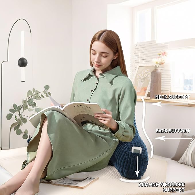 PAJEO Reading Pillow for Sitting in Bed, Large Backrest Reading Pillow with Arm Rest,Back-Rest Support Cushion for Sit Up on Couch, Sofa, and Floor(Dark Blue Flannel, Large(19"))