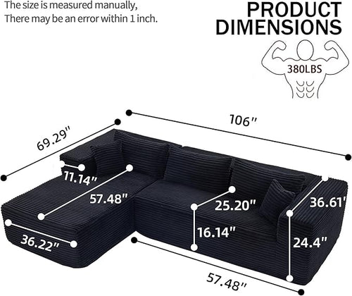 107" Modular Sectional Sofa, L-Shaped Cloud Couch with Deep Seat, Boneless Fluffy Corduroy Sofa for Living Room, No Assembly Required, (Left Facing Chaise,Black)
