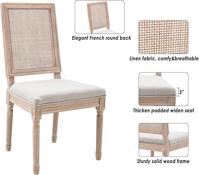 CIMOTA Farmhouse Dining Chairs Set of 4, French Rattan Dining Room Chairs with Rectangle Back/Distressed Wood Upholstered Vintage Side Chairs for Kitchen/Restaurant, Beige/4PCS