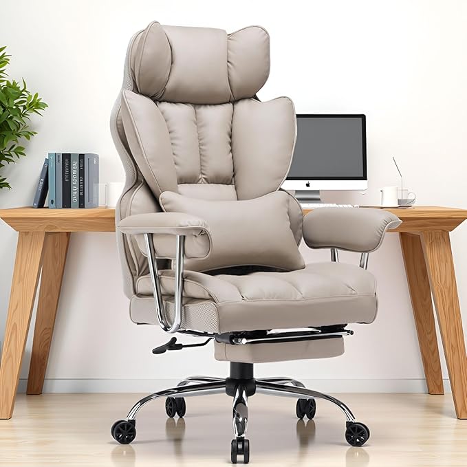 Efomao 400lbs Big and Tall Office Chair - 23.5" Wide Seat PU Leather Executive Desk Chair with Footrest, Heavy Duty Thickened Mechanism Computer Chair, Grey