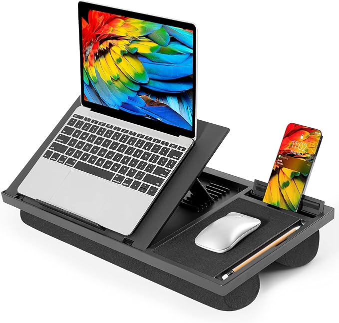 LORYERGO Adjustable Laptop Desk with Cushion, Mouse Pad & Cellphone Slot - Laptop Stand for Bed & Couch, Lap Desk for Home & Office (Black)