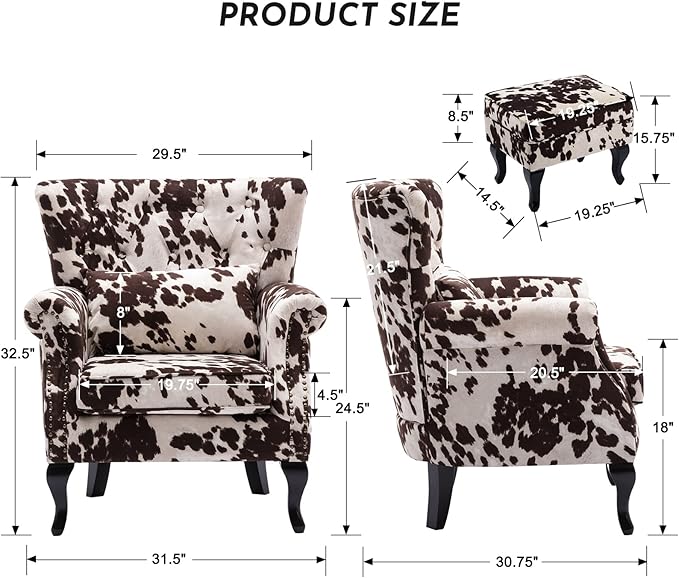 LZAREAL Accent Reading Arm Chairs with Ottoman for Living Room Bedroom, Midcentury Modern Comfy Corner Sofa Chair, Wingback Waiting Room Club Chair with Button Tufted Back &Lumbar Pillow, Fabric Cow
