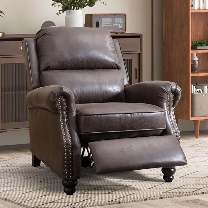 CANMOV Pushback Recliner Chair Faux Leather Armchair Push Back Recliner with Rivet Decoration Single Sofa Accent Chair for Living Room, Dark Grey