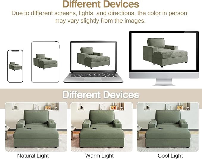 Merax 42.8" Oversized Chaise Lounge Chair with Storage Ottoman,Corduroy Sofa Bed with Cup Holders,USB Charging Port,Upholstered Sleeper Chair,Deep - Seat Reading Couch for Living Room,Bedroom,Green