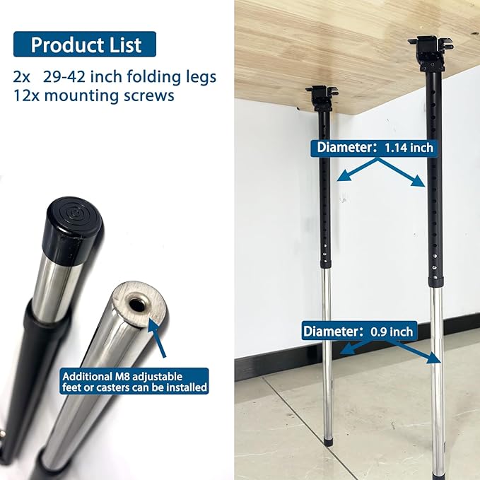 Benbuoo Adjustable Folding Table Legs 29-42", Heavy Duty Metal, Set of 2 | Height Adjustable, Foldable, Sturdy | for DIY Desks, Computer Tables, Office Workstations, RV Camping, Outdoor Furniture