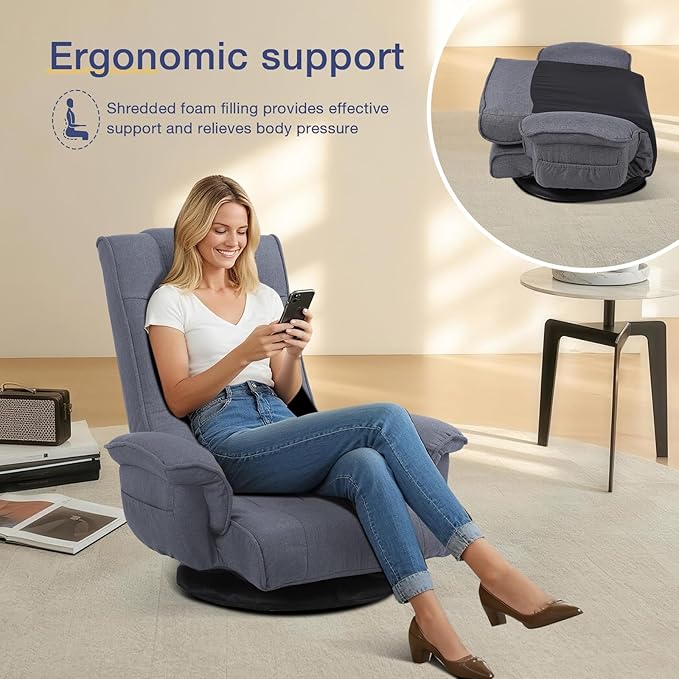 Linen Fabric Ergonomic Gaming Chair, 6-Position Reclining Sofa Bed with Lumbar Support, Foldable Floor Lounger with Thick Cushion, Armrests & Side Pockets for Esports, Reading, Napping (Grey)