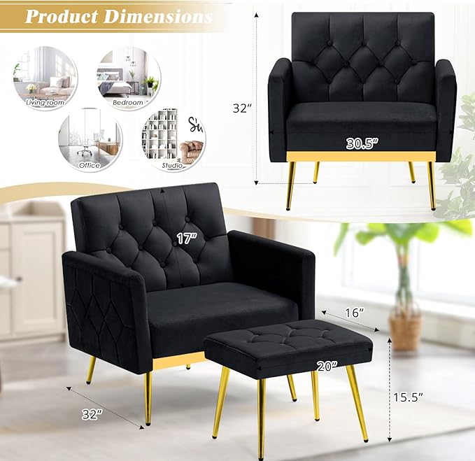 ACMEASE Velvet Accent Chair w/Adjustable Armrests and Backrests, Tufted Single Sofa with Ottoman, Upholstered Reading Chiar for Living Room, Apartment, Bedroom, Black