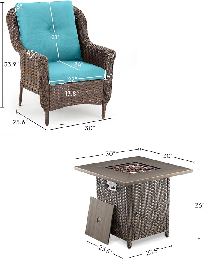 ACTREST Outdoor Patio Chairs with Fire Pit Table 5 Piece Set - High Back Brown Wicker Rattan Lawn Chair with Thick Cushion for Porch Apartment Deck Yard Poolside Garden - Turquoise